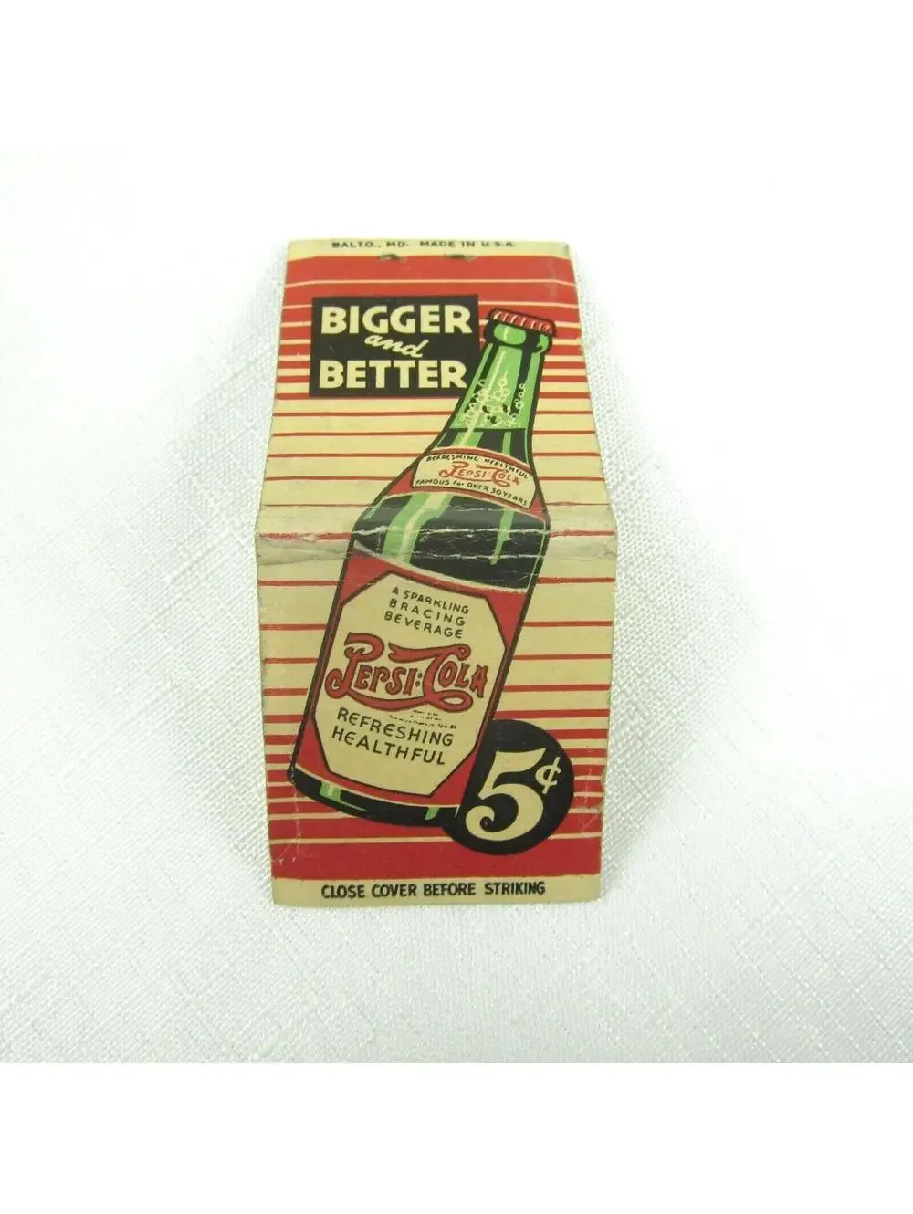Vintage 1930s Matchbook Cover Pepsi Cola Double Dot Green Bottle Bigger Better